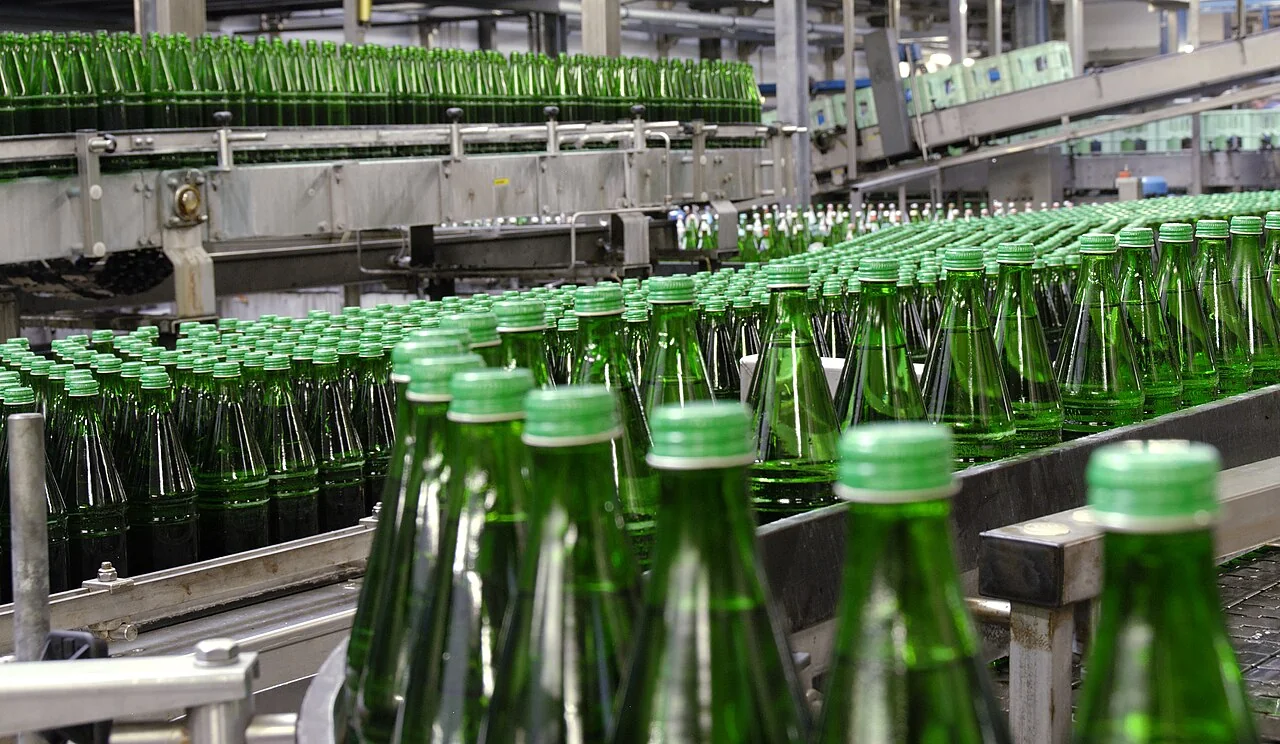 Green beverage bottles moving along a factory bottling line.