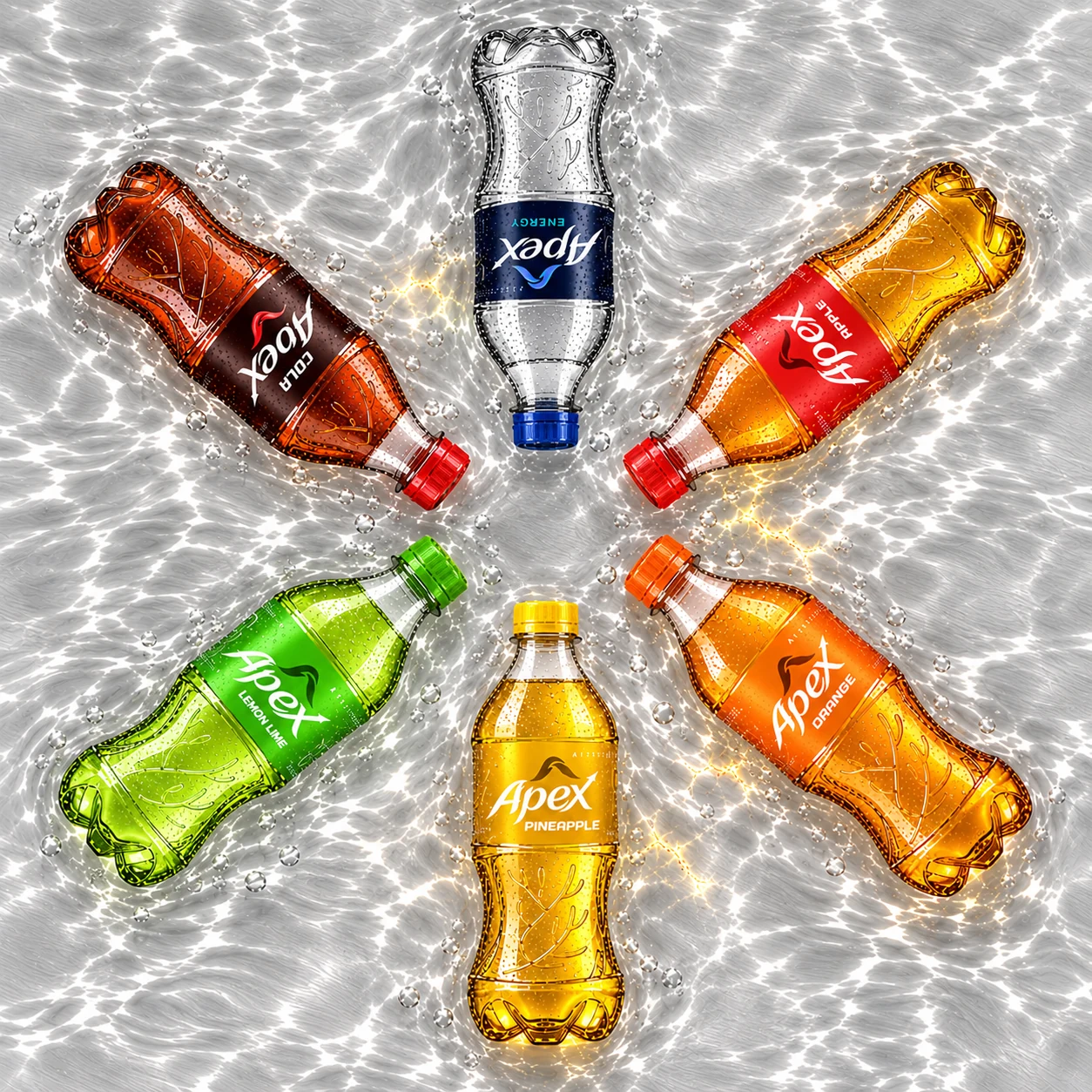 Six Apex bottles arranged in shallow water