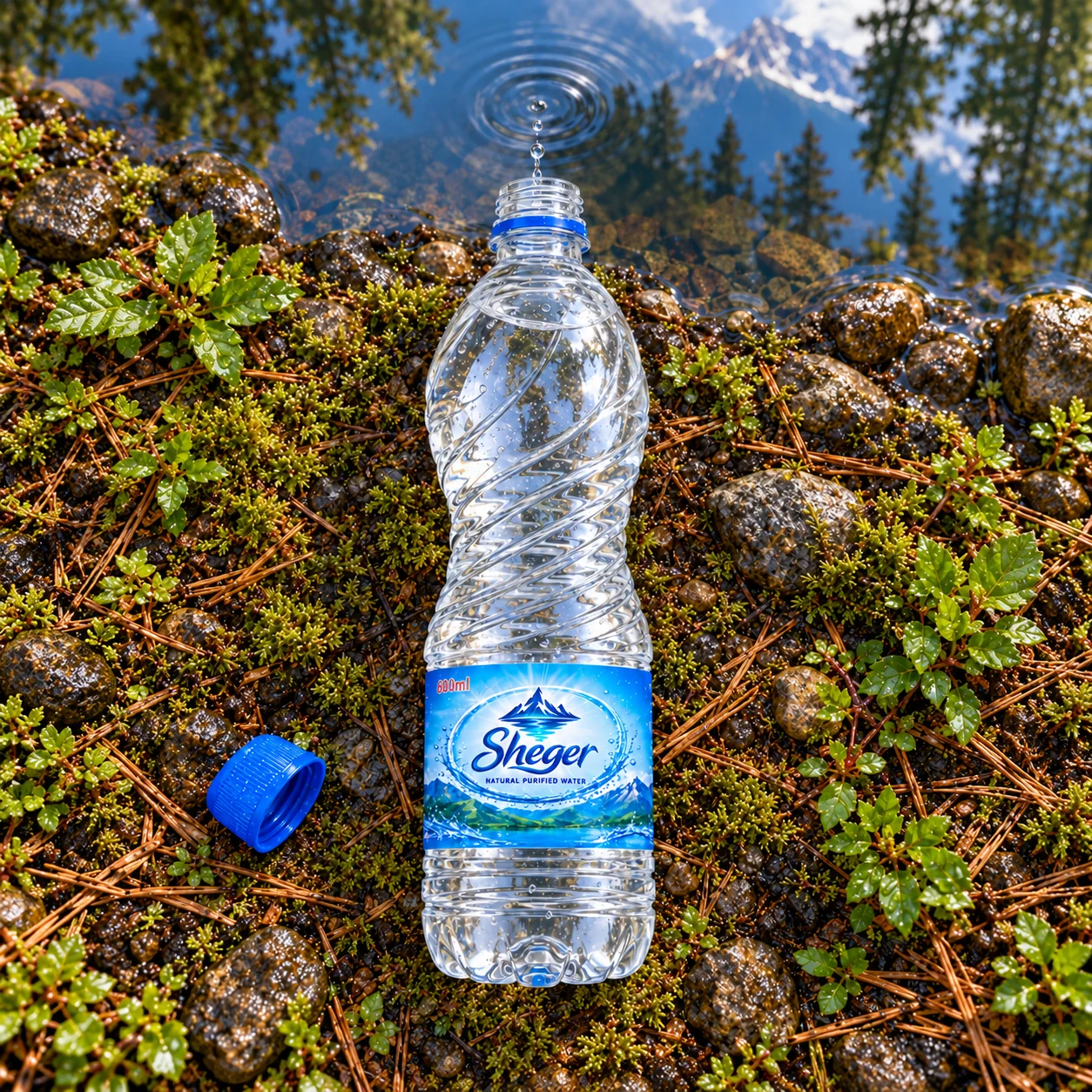 Sheger water bottle beside a mossy shoreline