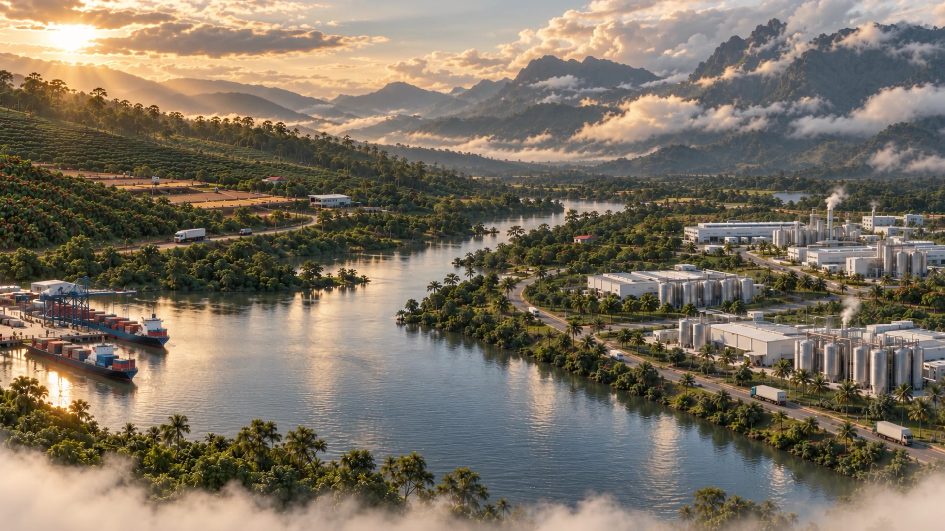 The Kunis Bari landscape: farms, manufacturing plants and shipping around an Ethiopian valley.