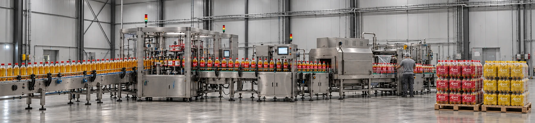 Apple and pineapple bottles moving through the production line