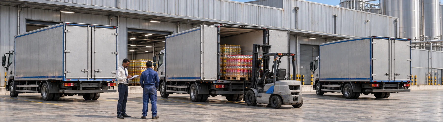Three delivery trucks at the factory dispatch yard