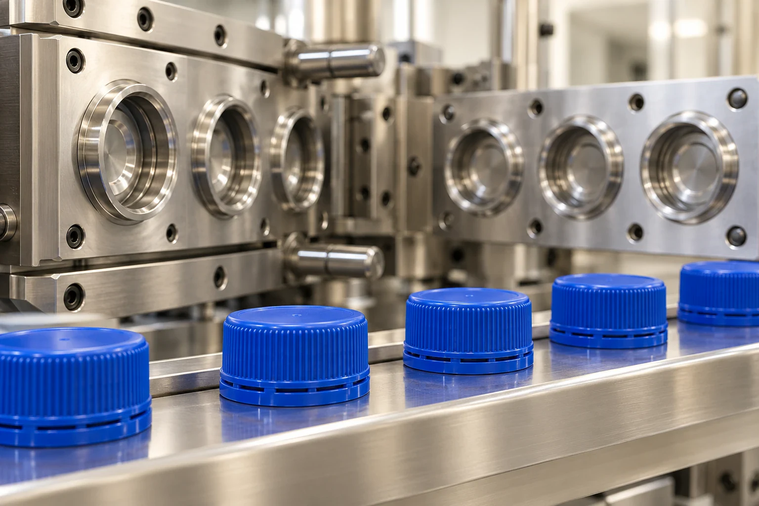 Illustration of cobalt blue bottle closures on a stainless inspection rail beside mould tooling