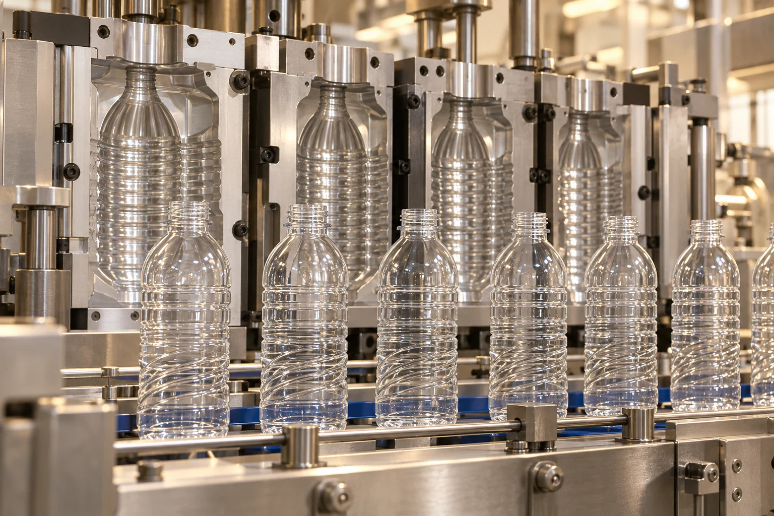 Illustration of clear PET bottles beside silver bottle-moulding equipment