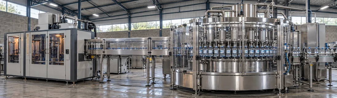 Bottle forming equipment connected to a rotary filling line