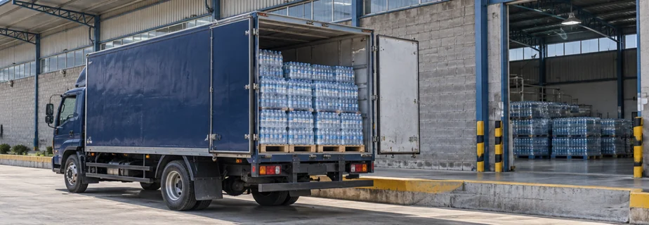 Loaded navy delivery truck beside the dispatch bay